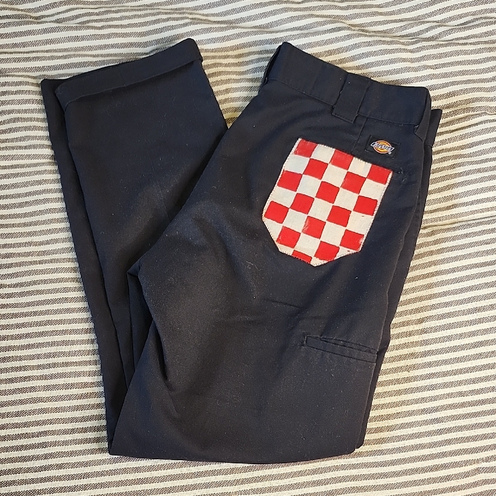 Custom Dickies Men's/unisex  Black Pants with Red Checkered Pocket Ooak